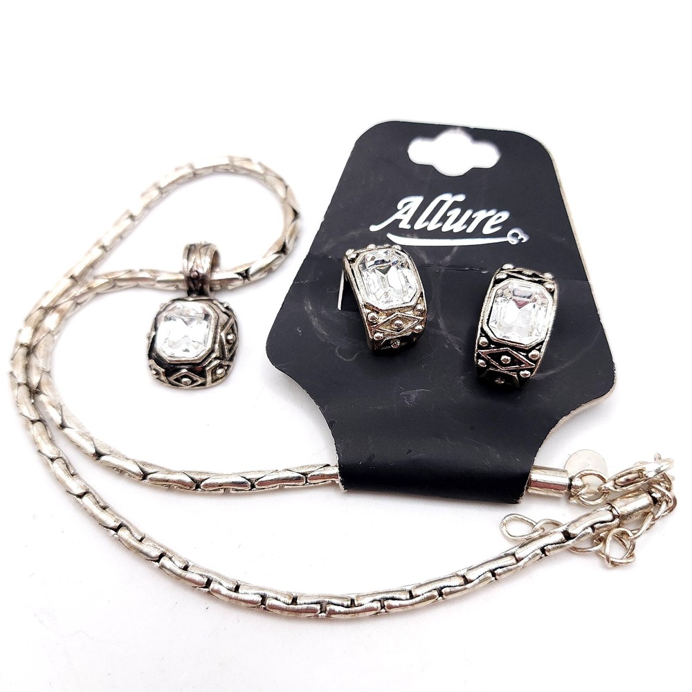 Allure Silver Tone Emerald Cut CZ Pendant Necklace Earrings Jewelry Set